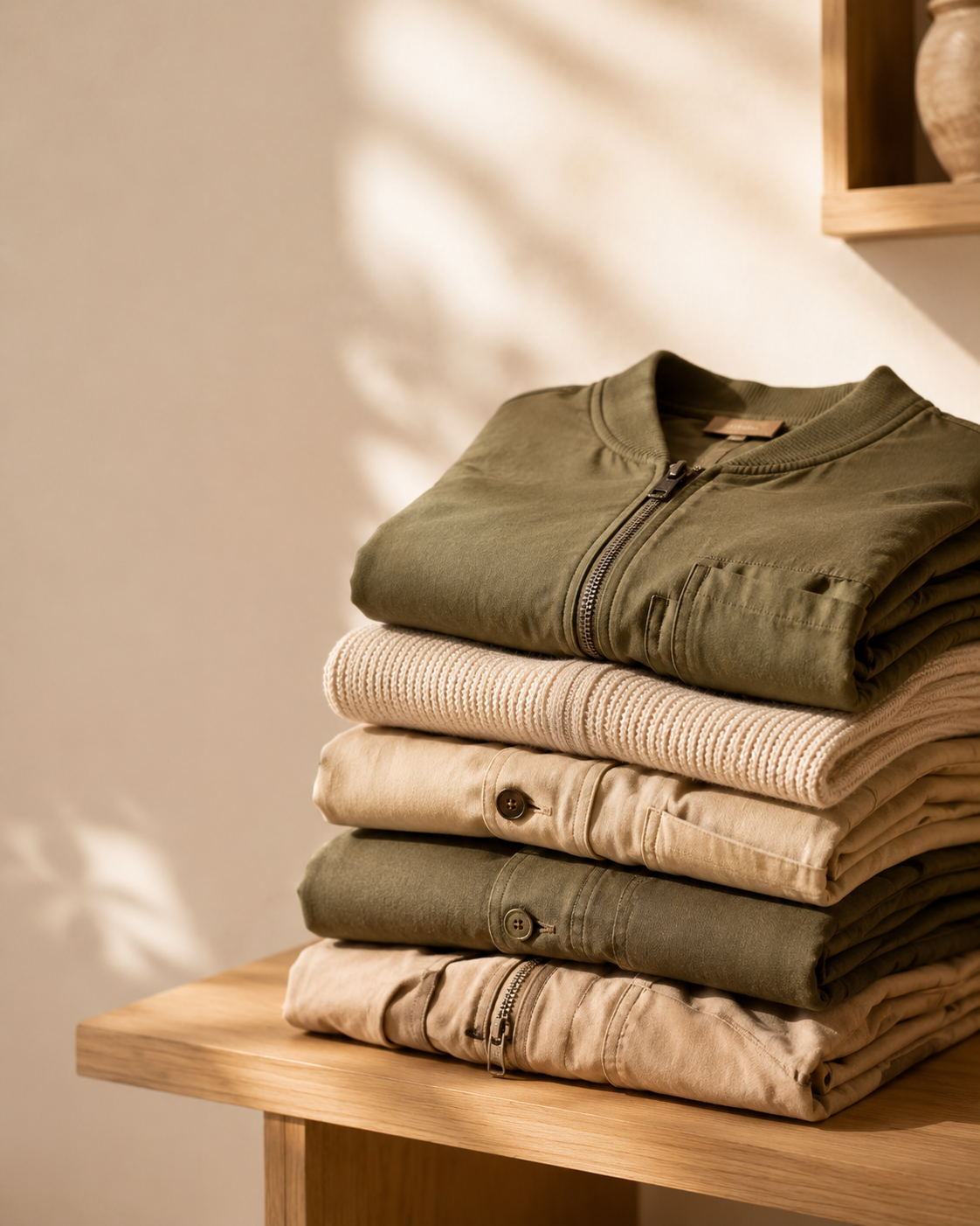 Bộ sưu tập áo khoác mùa thu DoDoFashion xếp gọn trên kệ gỗ